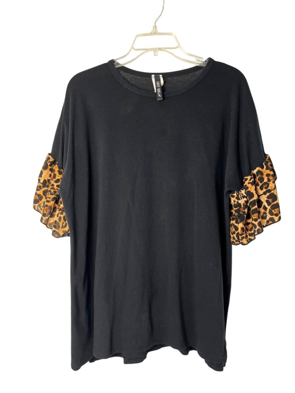 Lovely Souls Womens 3X Black Top Animal Print Ruffle Sleeve Cotton Blend Used